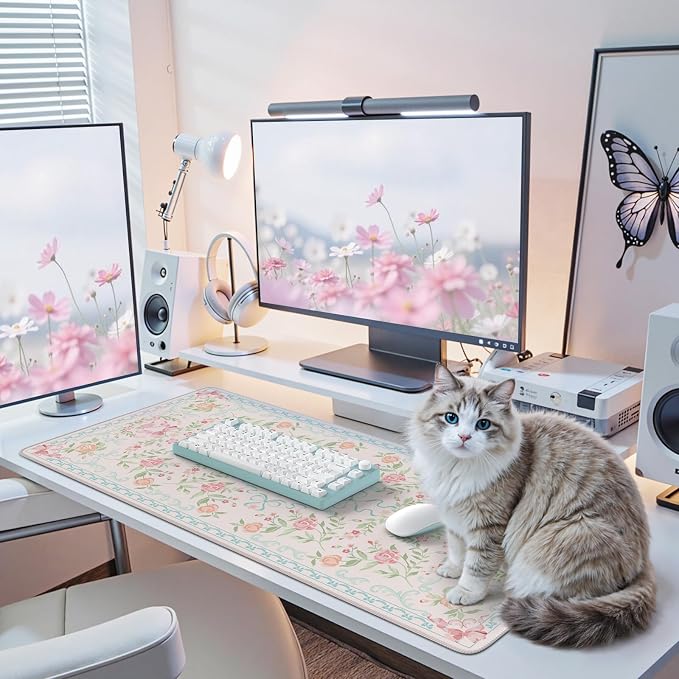 iCasso Desk Pad Blue,Aesthetic Mouse Pad for Laptop | Non-Slip Keyboard Mats,Cute Girly Desk Mats with Stitched Edges, Extra Large Desk Cover Protector for Gaming