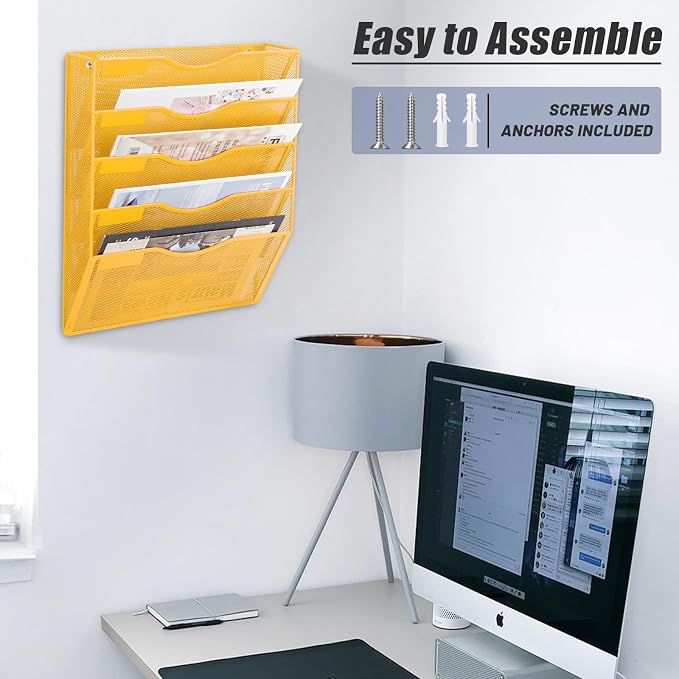 5 Pocket Mesh Hanging Wall File Organizer, Wall Mounted Mail Paper Document Folder Holder, Clipboard Storage Organization Magazine Rack with Nametag Label for Office Home School, Yellow