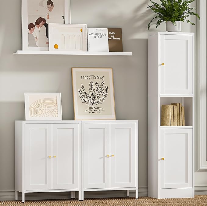 Bevivog Metal Bathroom Floor Storage Cabinet, Small Storage Sideboard with 2 Doors and 2 Adjustable Shelves, 12" Small Cabinets White Freestanding Locker for Entryway, Living Room, Hallway
