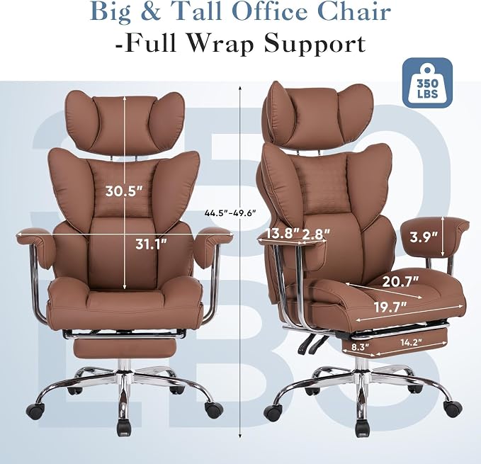 Big and Tall Office Chair 350 LBS, Scratch-Resistant PU Leather Executive Office Desk Chair with Footrest, Ergonomic Reclining Computer Chair with Pocket Spring Support for Home Office, Brown