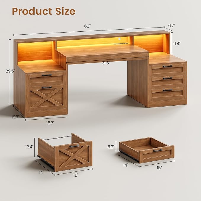 SEDETA 63" Farmhouse Computer Desk with 5 Drawers, Brown | Executive Office Desk with LED Lights & Monitor Stand, Wood Home Office Desk with 2 Printer Stand & Power Outlet