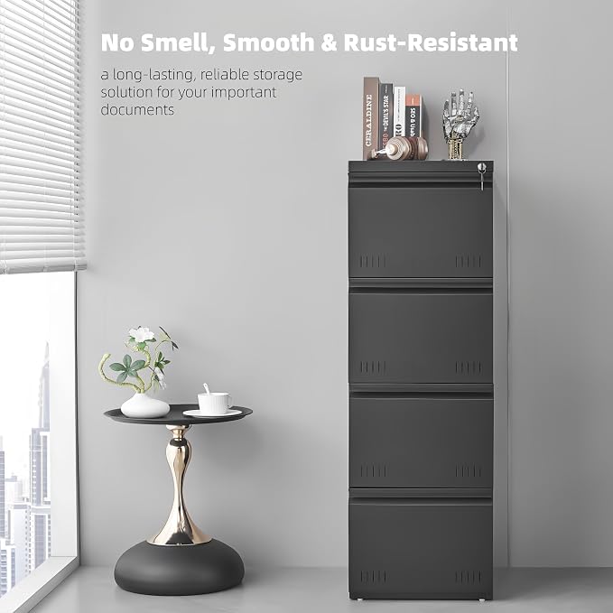 Approgreent Vertical 4 Drawer File Cabient with Lock, Metal Filing Cabinets for Home Office, Heavty Duty Office Storage Cabinet for A4/Letter/Legal (Matte Black)