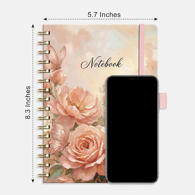 AHGXG Spiral Journal Notebook, 160 Lined Pages, A5 Size (5.7'' x 8.3'') | for Women, Journaling, Writing, Work & Office, Hardcover, 100 GSM Thick Paper (Pink Rose Butterfly)