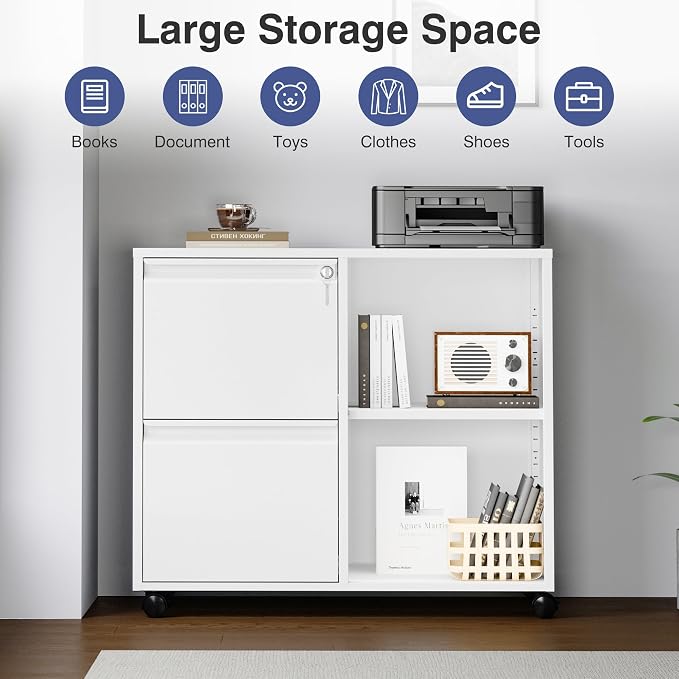 Metal 2 Drawer File Cabinet with Side Hook, Lockable Lateral Filing Cabinet for Letter/A4/Legal Size Files,Rolling Printer Stand with Adjustable Shelf & Lockable Wheelss for Home Office(White)