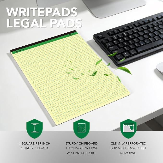 KAISA Graph Paper Legal Pads Writing Pads Recycled Paper 8.5"x11.75" Quad Ruled 4x4 Perforated 50 sheets/pad Grid Paper Yellow Notepads Writing Tablet For Office Supplies (Canary 6pad, 8.5x11.75'')