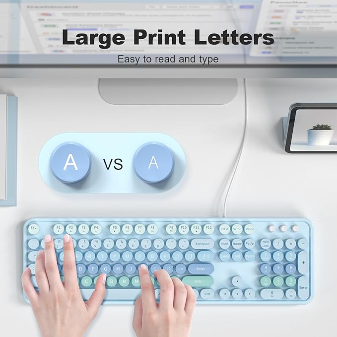 Computer Keyboard Wired, Plug and Play USB Retro Round Typewriter Keyboard, Full Size Wired Keyboard with Foldable Stands for Laptop and Office PC