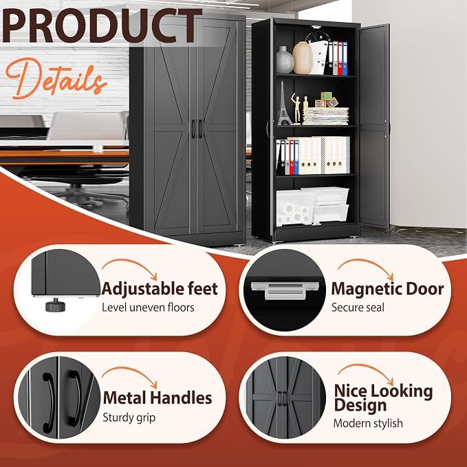 PAOFIN 63" Black Metal Storage Pantry Cabinet | Tall Kitchen Pantry Storage Cabinets with 2 Doors and 3 Shelves, Large Cupboard for Home,Kitchen,Dining/Living Room