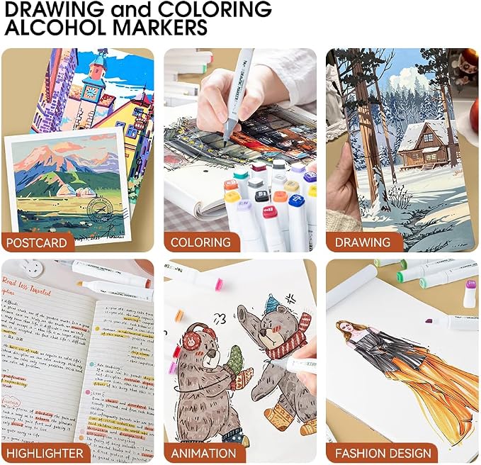 TRANSON Alcohol Markers for Drawing Coloring 24 Colors Dual-tip Brush and Chisel Tips