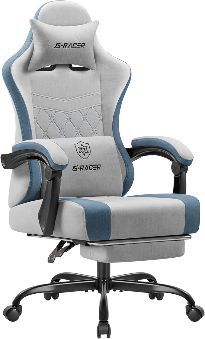 Homall Gaming Chair with Massage & Footrest, Ergonomic Computer Office Chair, High-Back Racing Style Reclining Chair with Adjustable Lumbar Support, Breathable Tech Fabric for Adults (Grey)