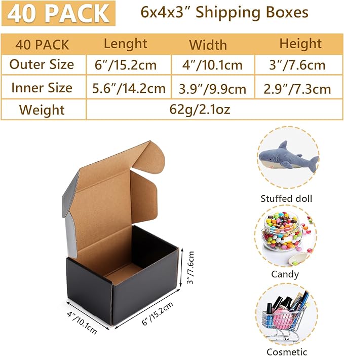 EXYGLO 40 Pack 6x4x3 Shipping Boxes, Black Corrugated Cardboard Boxes for Packaging Small Business, Moving, Shipping, Mailing, and Storing