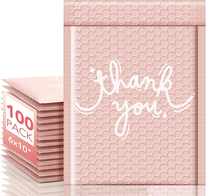 METRONIC Bubble Mailers 6x10 Inch 100 Pack Thank You Bubble Mailer Usable Size 6x9 Waterpoof Pretty Strong Adhesion Padded Envelopes for Small Business Shipping Clothes Small Items, Pink