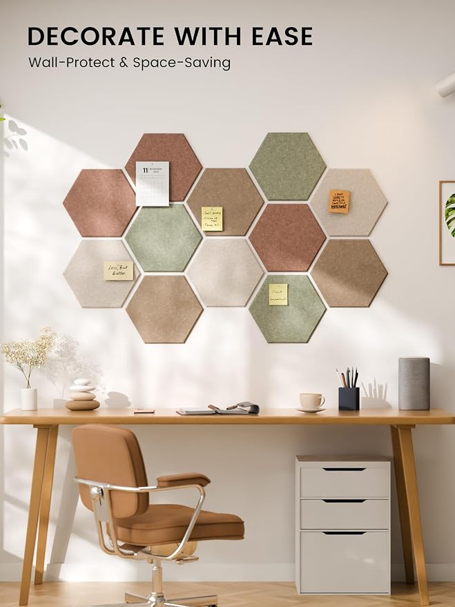 Fluxynara 12-Pack Hexagon Felt Bulletin Board Tiles, Boho-1 | Cork Board Alternative with 60 Adhesive Tabs for Notes, Photos and Reminders in Home Offices, Dorm and Classrooms