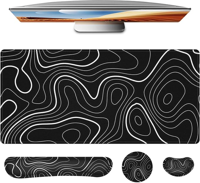 4 in 1 Large Mouse Pad,Keyboard Wrist Rest Set,Desk Mat with Stitched Edges Thicken Desk Pad,Wrist Support for Keyboard and Mouse,Desk Mat for Home Office Game(Black Marble)