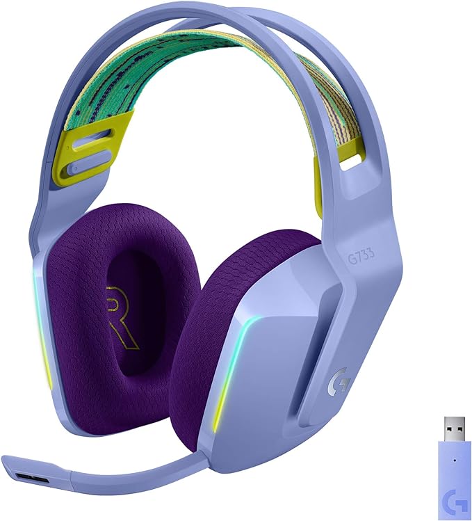 Logitech G733 Lightspeed Wireless Gaming Headset with Suspension Headband, LIGHTSYNC RGB, Blue VO!CE mic Technology and PRO-G Audio Drivers - Lilac