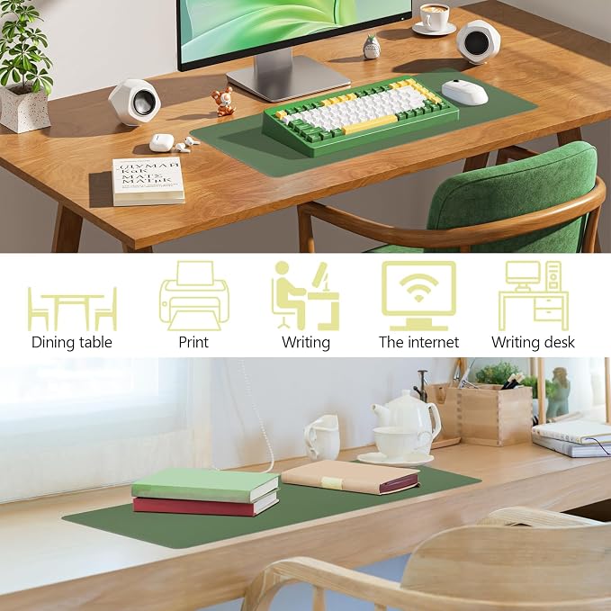 Green Leather Desk Pad Large Mouse Pad, 23.6"x13.8" | Waterproof Desk Mat for Keyboard and Mouse, Non-Slip Computer Desk Protector, Smooth Mouse Control for Home Office
