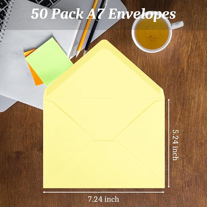 50 Pack A7 Envelopes, Light Yellow Greeting Card Envelopes Self Seal, 5.24 x 7.24 in Envelopes for Birthday Graduation Baby Shower Wedding Invitation Cards