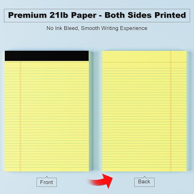 Legal Pads 8.5 x 11 College Ruled Note Pads 8.5 x 11.75 Yellow Notepad 80gsm Lined Paper Pads, 30 Sheets per Pad, 2 Pack Perforated Writing Pads Perfect for Office, Home, School
