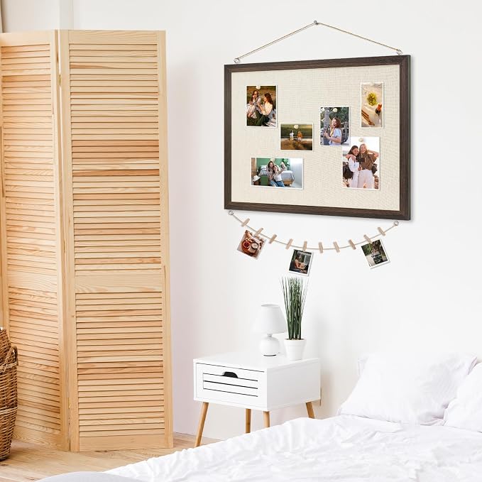 DOLLAR BOSS Bulletin Boards with Linen, 36"x24" Cork Board, Dark Walnut | Double-Sided Corkboards for Walls, Decorative Pin Board, Photo Display, For Office Home School Dorm, 10 Pushpins 10 Clips