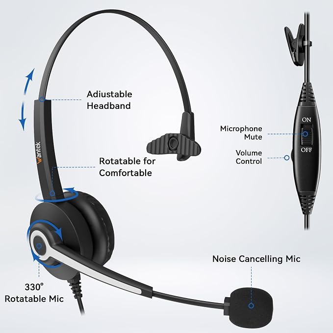 Phone Headsets for Office Phones, Corded Telephone Headset Mono w/Noise Canceling Mic - Headset for Phones Landline Office Compatible with Polycom Plantronics Nortel Toshiba Mitel ShoreTel