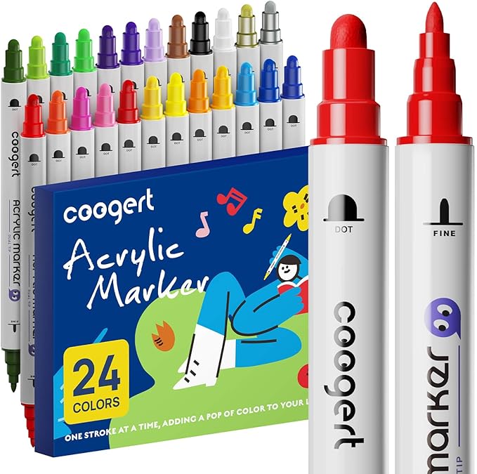 24 Paint Pens for Rock, Fabric, Wood, Glass, Craft, Dual Tip Acrylic Paint Markers With Fine-Dot Tip for Canvas,Ceramic, Plastic, Art Painting Supplies Kit