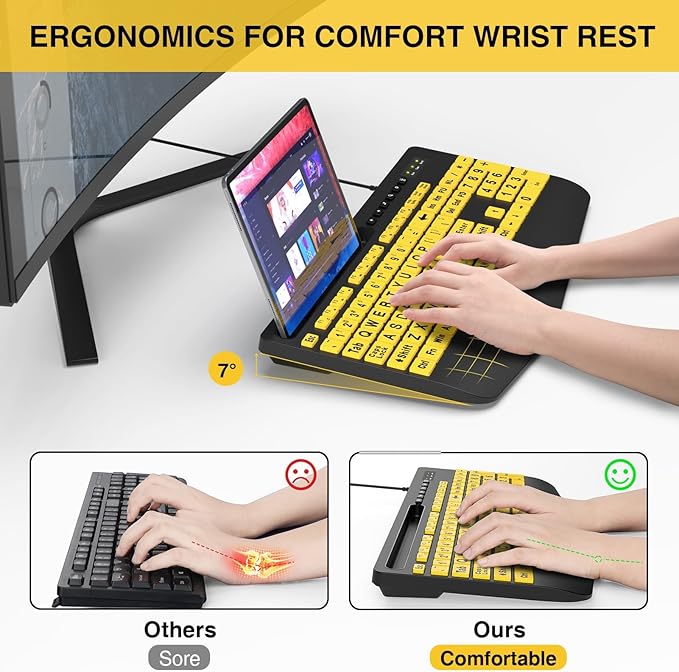 SABLUTE Large Print Keyboard Wired Computer Keyboards with Wrist Rest, Phone Holder, Big Letters Easy to Read Compatible Windows, Desktop, Laptop, Yellow