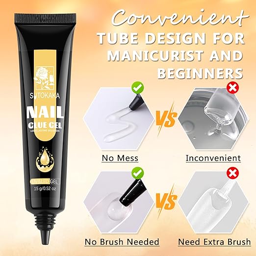 Gel Nail Glue for Nails Tips, 2pcs 15g Super Strong Solid Gel Soak Off for Acrylic Extensions Fake Nails Press On Nails U V Lamp Curing Needed Long Lasting Gel Glue Kit