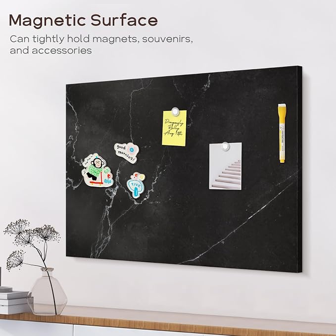 Decorative Magnetic Board for Wall, 24''x18'' Dry Erase Board, Black Marble | Magnet Board, Display Board, Wall Mounted, for Home, Office, Kitchen, 2 Markers, 6 Magnets