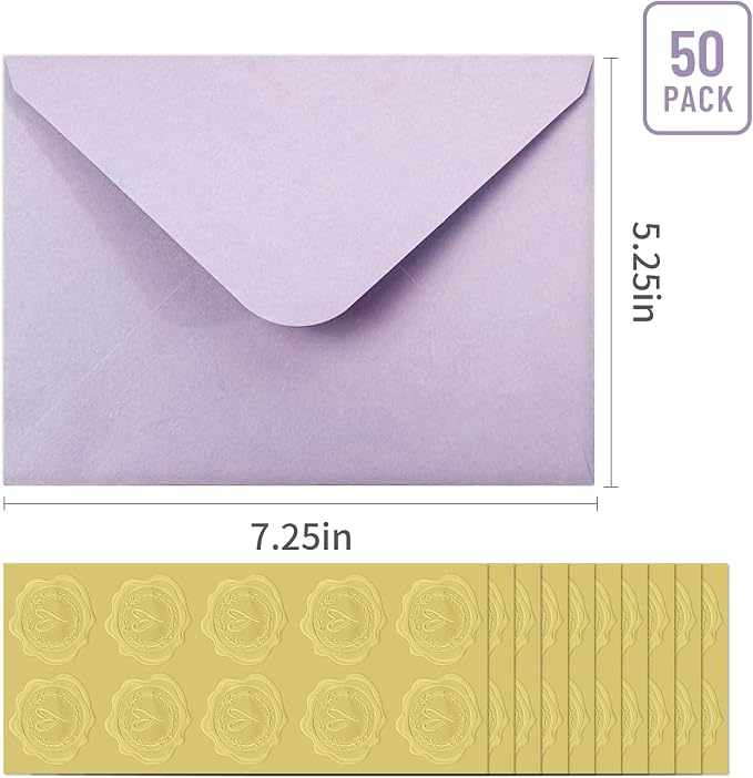 50 PCS Purple Colorful A7 Envelopes with Stickers, 5x7 Envelopes for Greeting Cards, Great for Invitations, Wedding Invitation, Birthday, Baby Shower, Graduation
