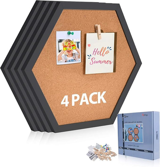 AkTop Cork Bulletin Board Hexagon 4 Pack, Small Framed Corkboard Tiles for Wall, Thick Decorative Display Boards for Home Office Decor, School Message Board with 16 Push Pin Wood Clips, Black