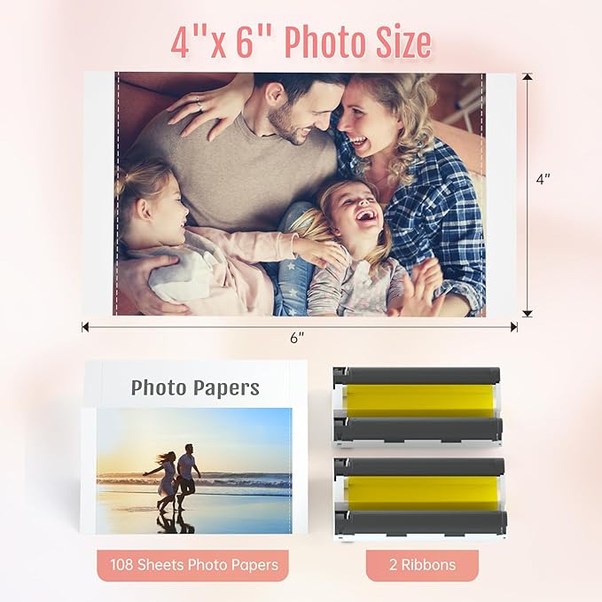 HPRT 4"X 6" Photo Paper 108 Sheets and Two Ribbons，Designed iDPRT CP4100/CP4000L/CP6000 Photo Printer