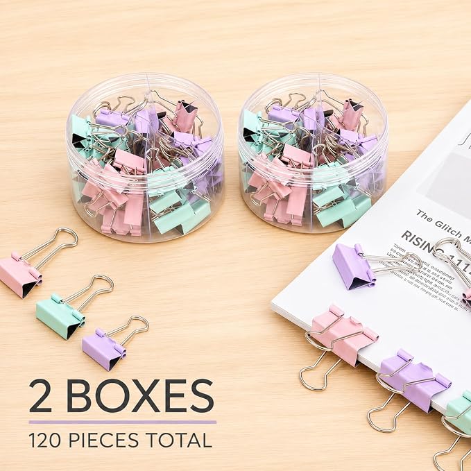 Binder Clips Assorted Sized, Metal Clips for Office, 120 Psc | 2 Box of Colored Paper clips and Binder Clips, Cute Office Supplies, Desk Accessories, Black, Pastel Color