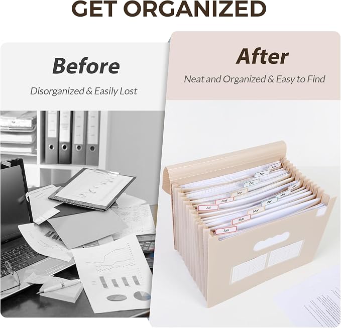 SKYDUE Accordion File Organizer, Expanding File Folder with 13 Pockets, Portable Document Paper Bill Receipt Organizer, Home School Office Supplies, Letter A4 Size Brown