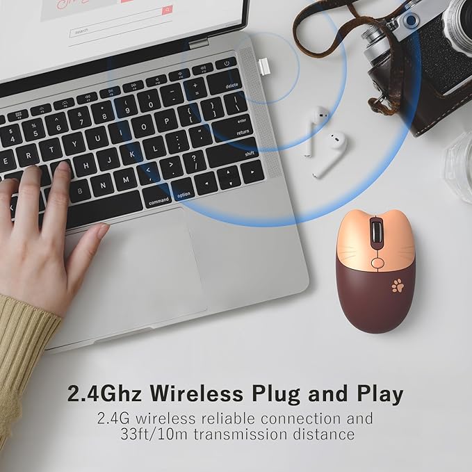 Cute Cat Wireless Mouse, 2.4GHz Wireless Silent Mouse, USB Receiver Plug and Play, 3 Adjustable DPI, Compatible with Notebook, PC, Laptop, Computer- Coffee Colorful