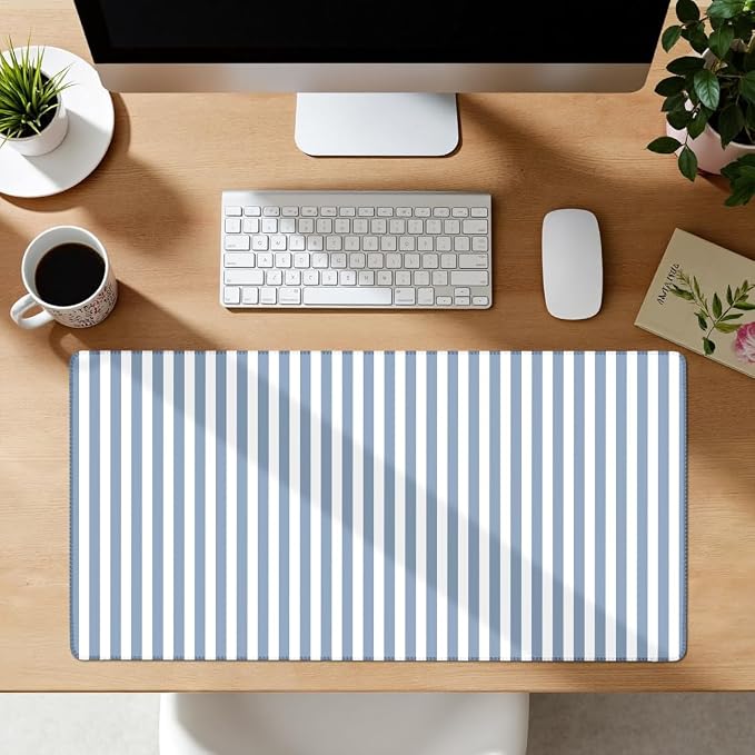 Misty Blue Striped Desk Mat Cute Pastel XXL Large Gaming Mouse Pad Desk Pad Kawaii Aesthetic Home Office Decor Cozy Keyboard Laptop Computer Mat