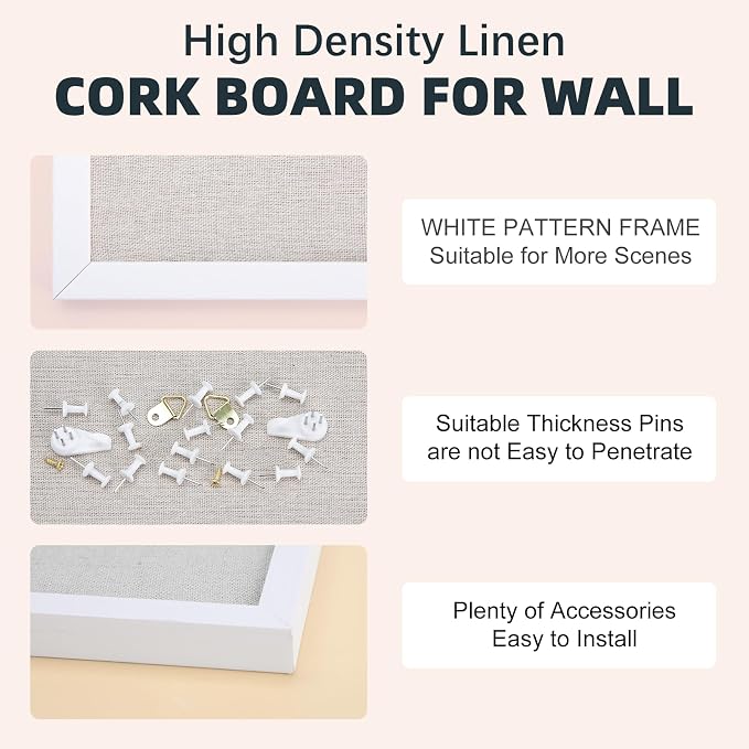 OWLKELA Linen Cork Bulletin Board, 17"x23" | White Frame, with 10 Pushpins, Ideal for School, Home & Office