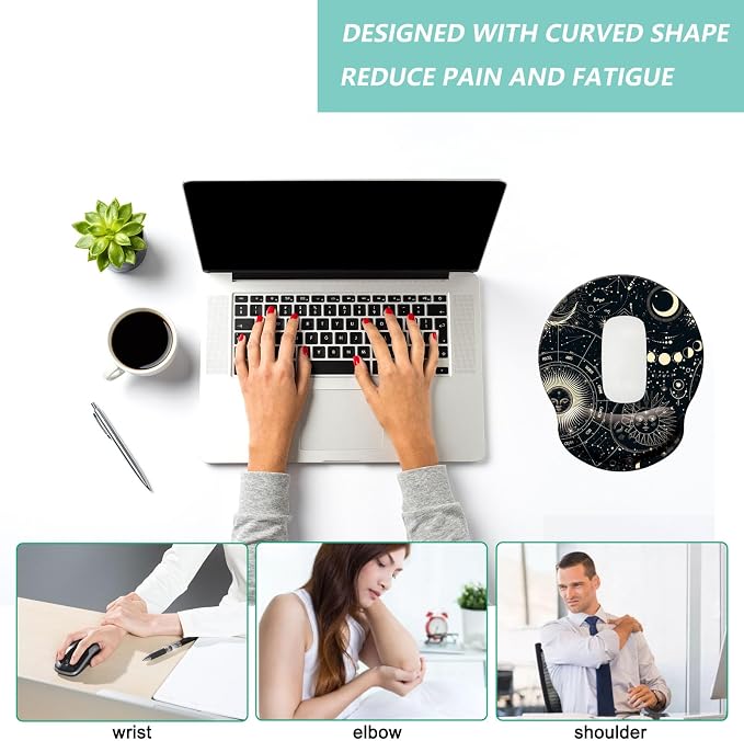 Mouse Pad with Wrist Support, Ergonomic Mouse Pad with Memory Foam Wrist Rest Cushion, Non-Slip Rubber Base Gaming Mice Pad for Home Office Computer Laptop, Moon Phase