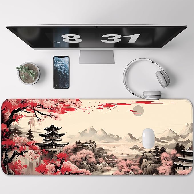Japanese Sakura Gaming Mouse Pad, Non-Slip Rubber Base, Stitched Edges, for Office, Gaming, Home, 31.5x11.8 Inch, Desktop Decoration