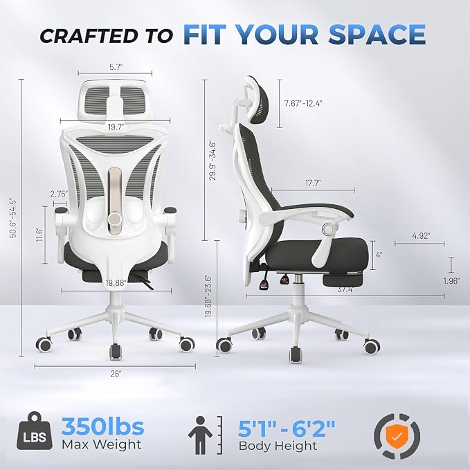 CYKOV Ergonomic Office Chair with Footrest - Adjustable Lumbar Support & Headrest, 90-135° Reclining Mesh Back Computer Chair - Home Office/Gaming, 350lbs Capacity | 4-Way Headrest (4.72" + 60°), 2-Way Lumbar (2" + 1.18"), 90-135° Recline, Breathable M...