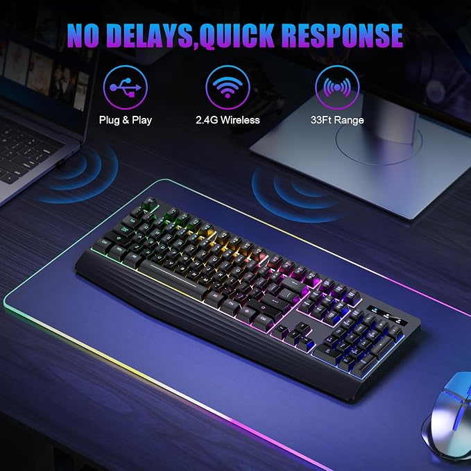 Wireless Gaming Keyboard, RGB Backlit Silent, Full-Size Waterproof Keyboard | RGB & Single-Color Backlit Silent Keys, Wrist Rest, Sleep Mode, Rechargeable 2.4G Wireless Computer for Windows/Mac/PC/Laptop