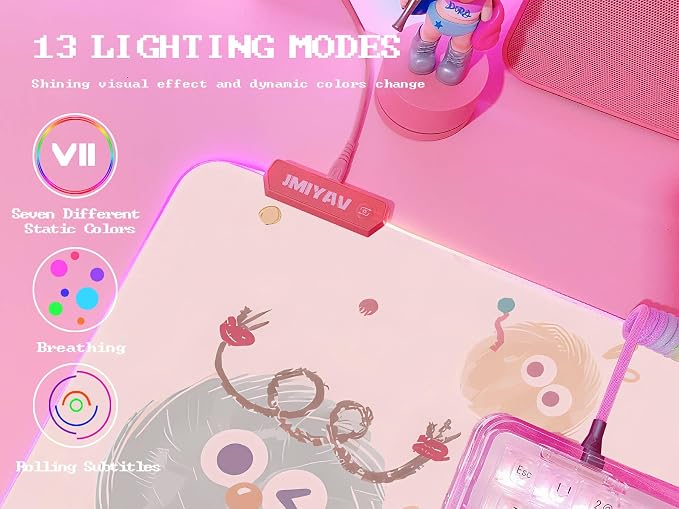 JMIYAV Pink RGB Gaming Mouse Pad 31.5x12 Inch Cute Mousepad PC XL Large Extended Glowing Led Light Up Desk Pad Non-Slip Rubber Base Computer Mat Desk Accessories Gaming Setup Happy Fuzzies