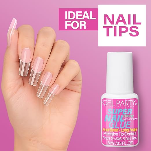 GELPARTY Super Strong Brush On Nail Glue for Press On Nails & Tips - Quick Dry Clear Acrylic Nail Adhesive (8ml) - Long Lasting Salon Bond for Fake Nails & Broken Nail Repair - Mess-Free Application