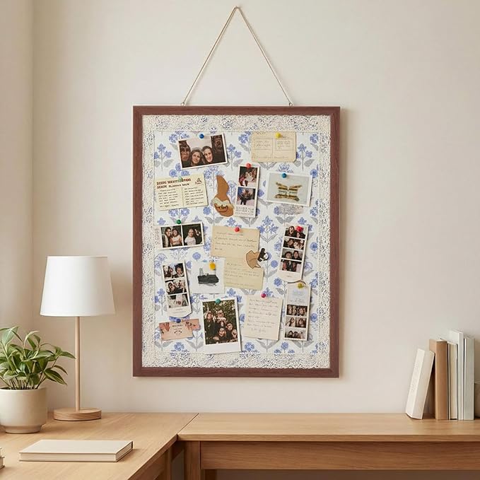Leinuosen 17 x 23 Cork Board for Walls Decorative Floral Cork Boards with Blue Flower Small Linen Bulletin Board Framed with Pins for Home Room School Office Decor