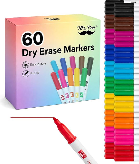 Mr. Pen- Dry Erase Markers Bulk, 60 Pack, Assorted Colors, Fine Tip | Bulk Dry Erase Whiteboard Markers for Writing on Whiteboards, Weekly Planner, Glass, School, Office, Home
