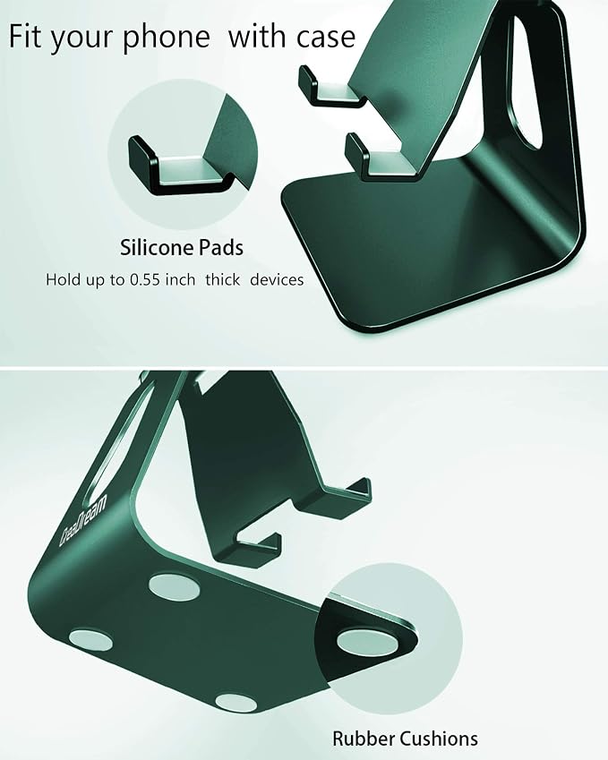 CreaDream Aluminum Cell Phone Stand, Adjustable Phone Holder for Desk | Adjustable Viewing Angle, Desktop Stand, Stable Base, Fits iPhone 17 16 15 14 13 Pro Max Desk Accessories, Midnight Green