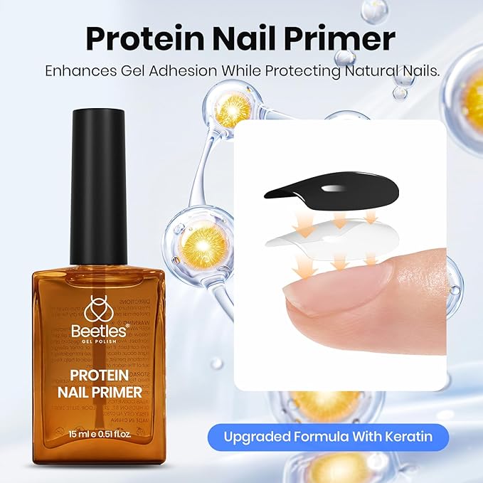 Beetles HEMA Free & TPO Free Protein Nail Dehydrator & Primer with Gel Top Coat and Base Coat Set Soak Off UV LED Gel Nail Polish Foundation Kit for Long Lasting Manicure Gifts