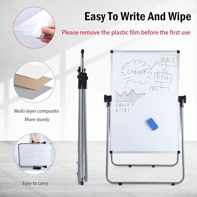 36x24 Whiteboard with Stand, Double Sided Magnetic Dry Erase Board | Height and Angle Adjustable, Foldable Aluminum Frame, Anti-Slip Feet, Magnetic Surface for Home, Office, School and Meetings