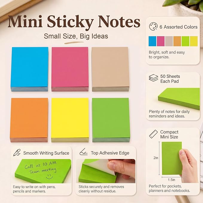 Fainne 120 Pads Sticky Notes Bulk 1.5x2,Simple Style,Bright Color,120 Pads | Bulk Mini Posted Pads, 50 Sheets Each, Self Stick Memo Paper for Office School Notebook, Bright Assorted Colors