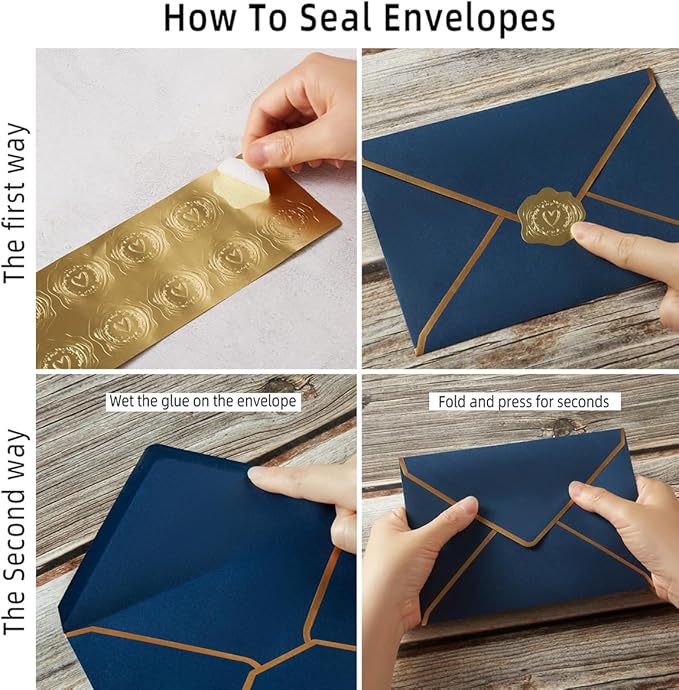 50 Pieces A7 Envelopes with Gold Border, 5.24 x 7.21 Inches Envelopes with Gold Stickers for Greeting Cards and Invitation (Navy Blue, A7-5x7)