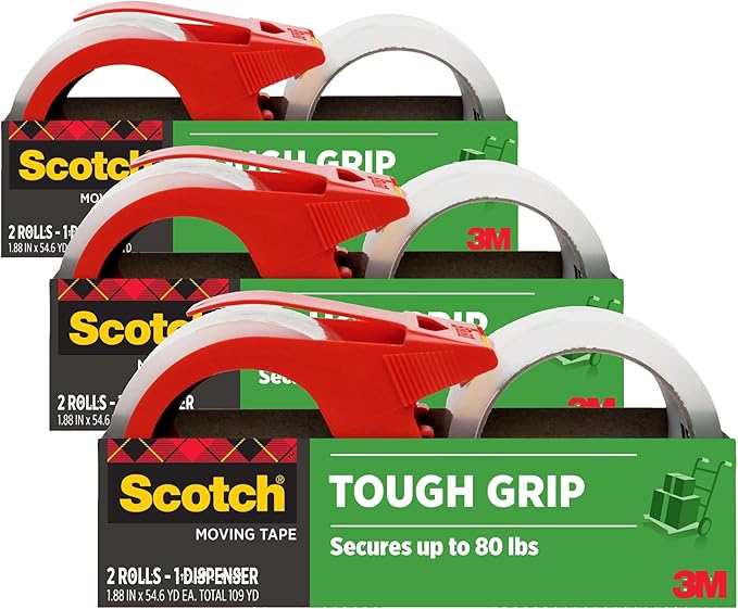 Scotch Tough Grip Moving Packing Tape, Clear, Moving Tape That Secures Boxes up to 80 Pounds, 1.88 in. x 54.6 yd., 2 Tape Rolls with 1 Dispenser | (Pack of 3)