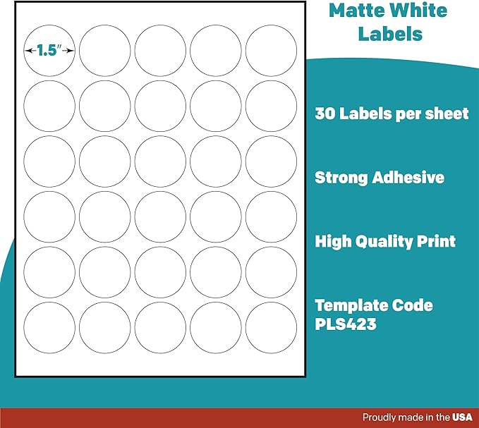 Premium Label Supply White Sticker Round Labels – 1.5" Circle – Laser/Inkjet Compatible – (30 per Sheet), 500 Sheets – 15,000 Total Adhesive Labels